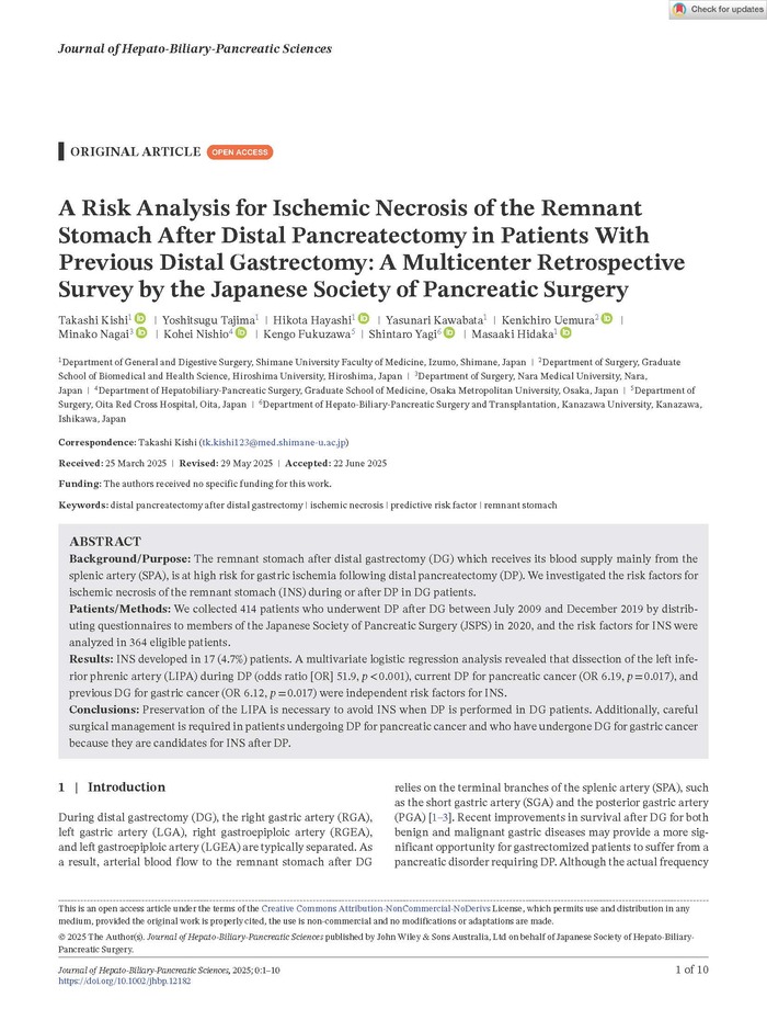 J Hepato Biliary Pancreat - 2025 - Kishi - A Risk Analysis for Ischemic Necrosis of the Remnant Stomach After Distal (1)_ページ_01